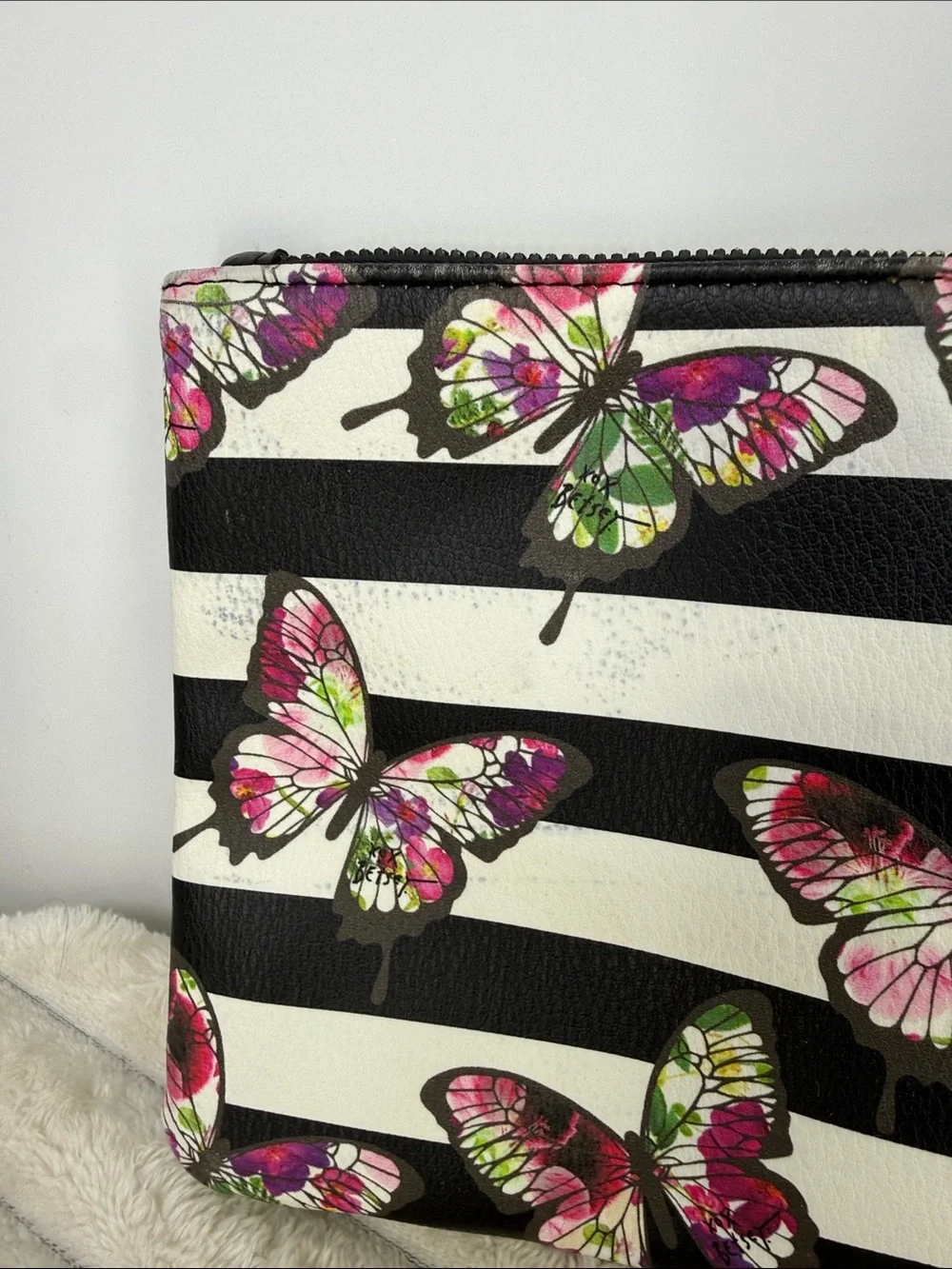 Betsey Johnson Butterfly Stripe Wristlet - Black & White with Pink Accents